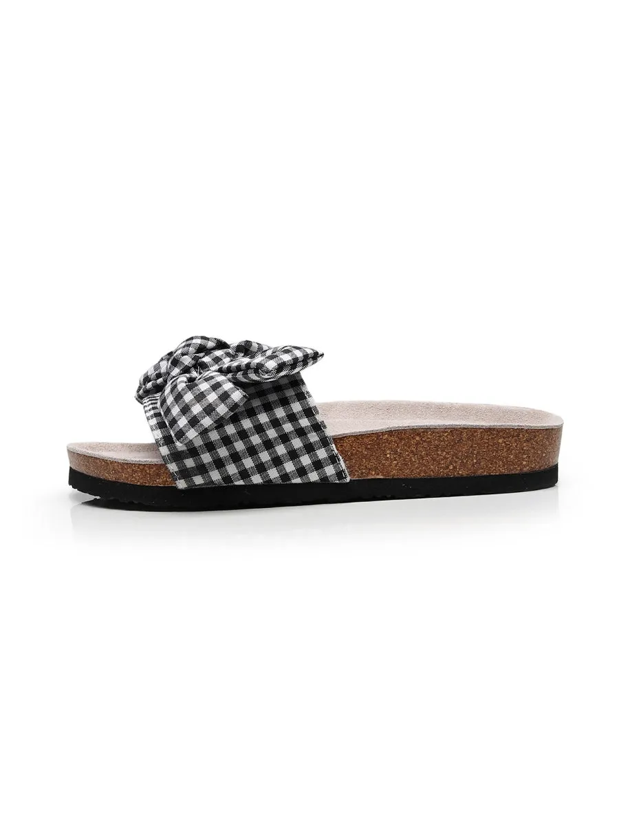 Black Gingham Bow Sandals Slides