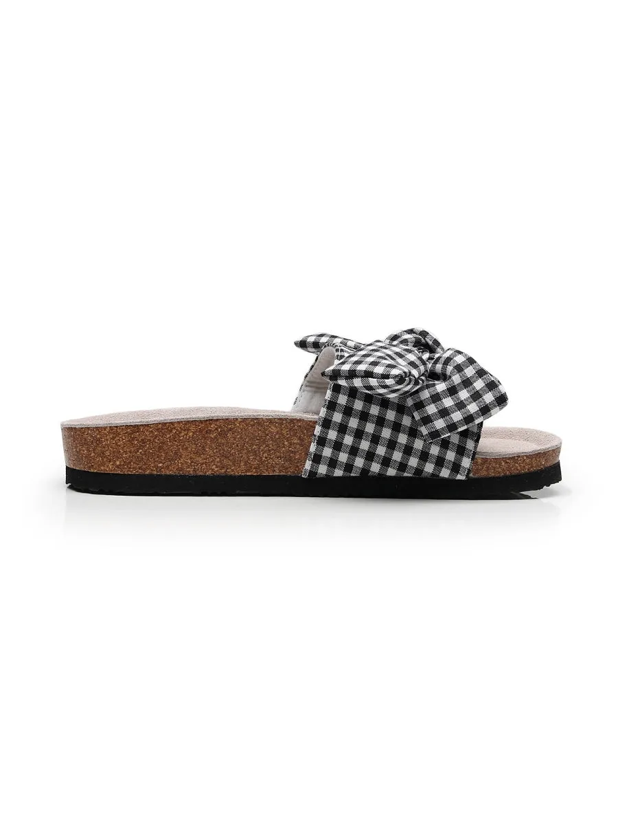Black Gingham Bow Sandals Slides