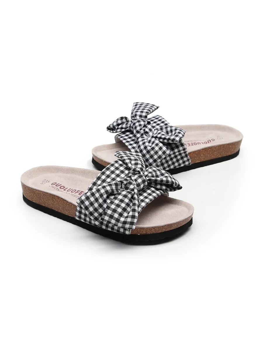 Black Gingham Bow Sandals Slides