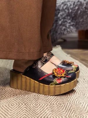 Genuine Leather Black Ribbed-Sole Floral Appliqued Platform Sandals Clogs