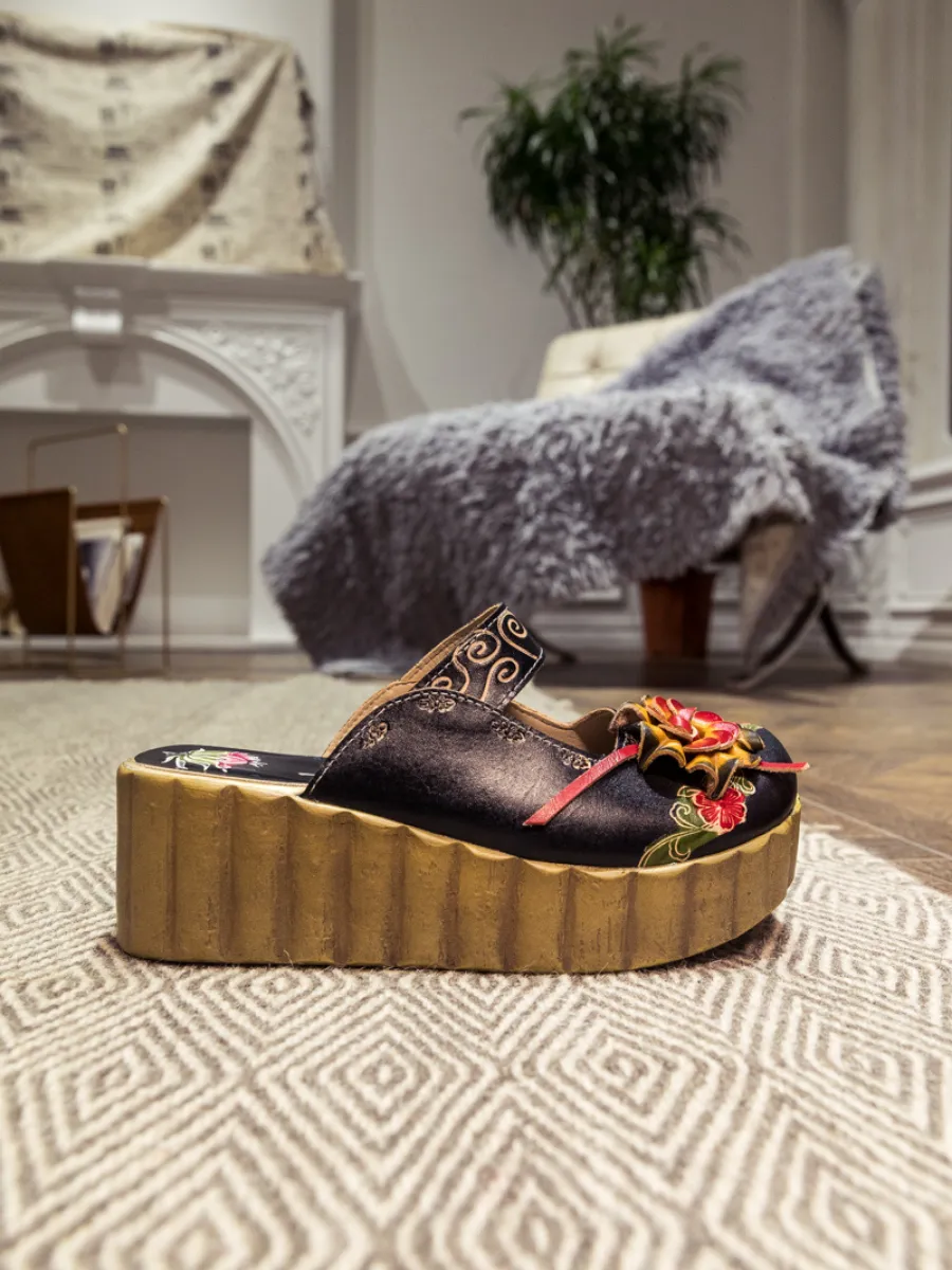 Genuine Leather Black Ribbed-Sole Floral Appliqued Platform Sandals Clogs