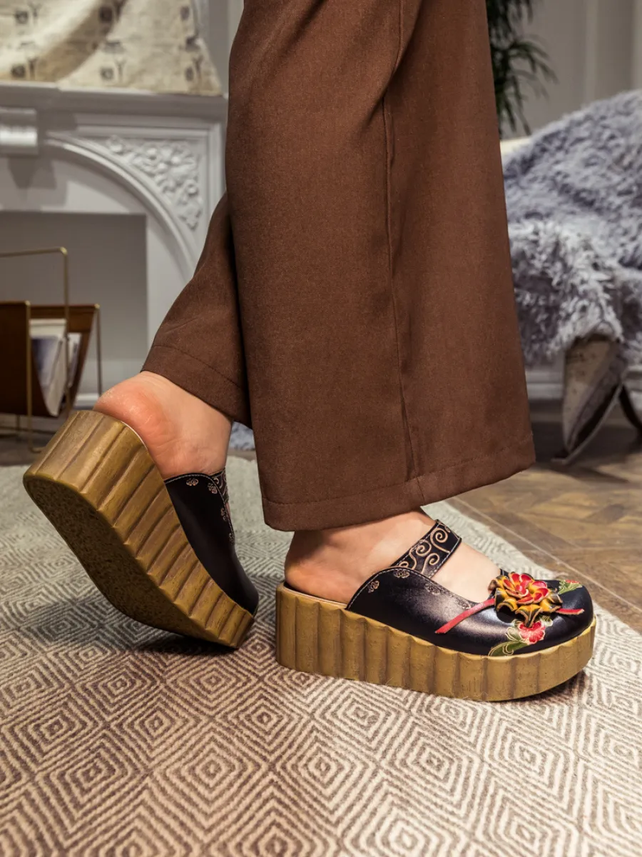 Genuine Leather Black Ribbed-Sole Floral Appliqued Platform Sandals Clogs
