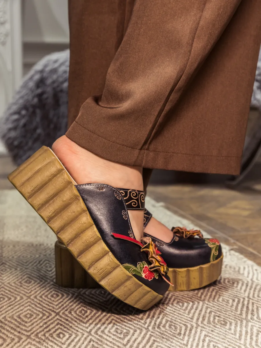 Genuine Leather Black Ribbed-Sole Floral Appliqued Platform Sandals Clogs