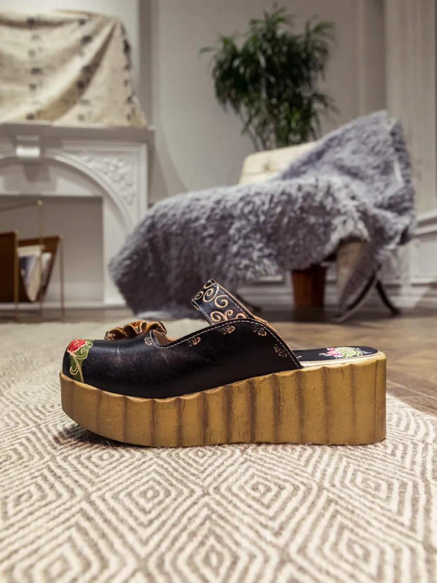 Genuine Leather Black Ribbed-Sole Floral Appliqued Platform Sandals Clogs