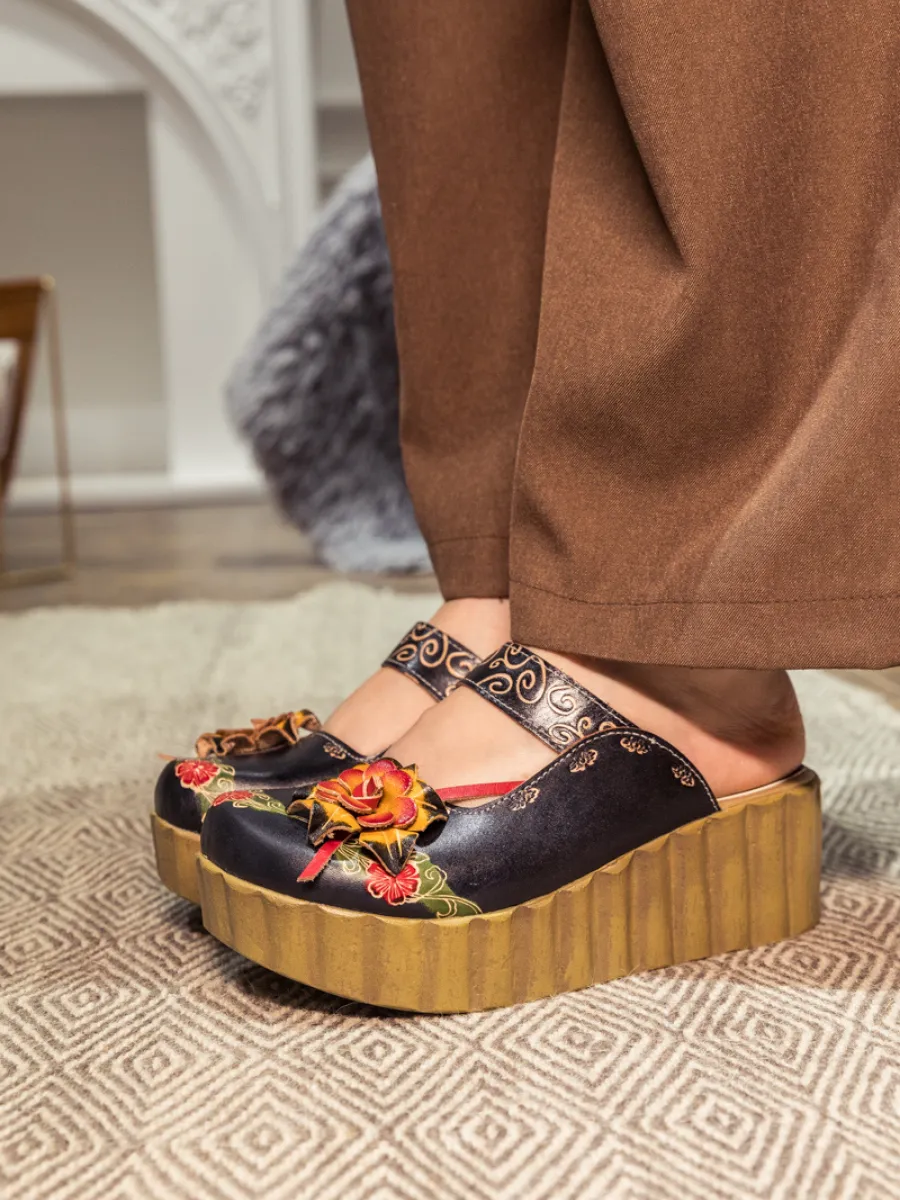 Genuine Leather Black Ribbed-Sole Floral Appliqued Platform Sandals Clogs
