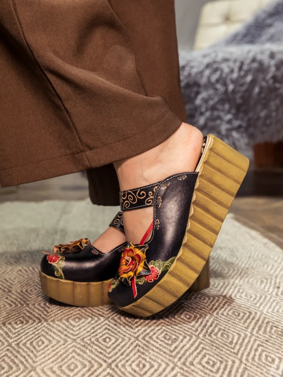 Genuine Leather Black Ribbed-Sole Floral Appliqued Platform Sandals Clogs