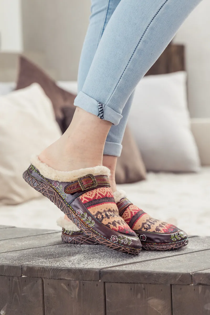 Genuine Leather Geometry Printed Wool Lined Slippers Clogs - Brown