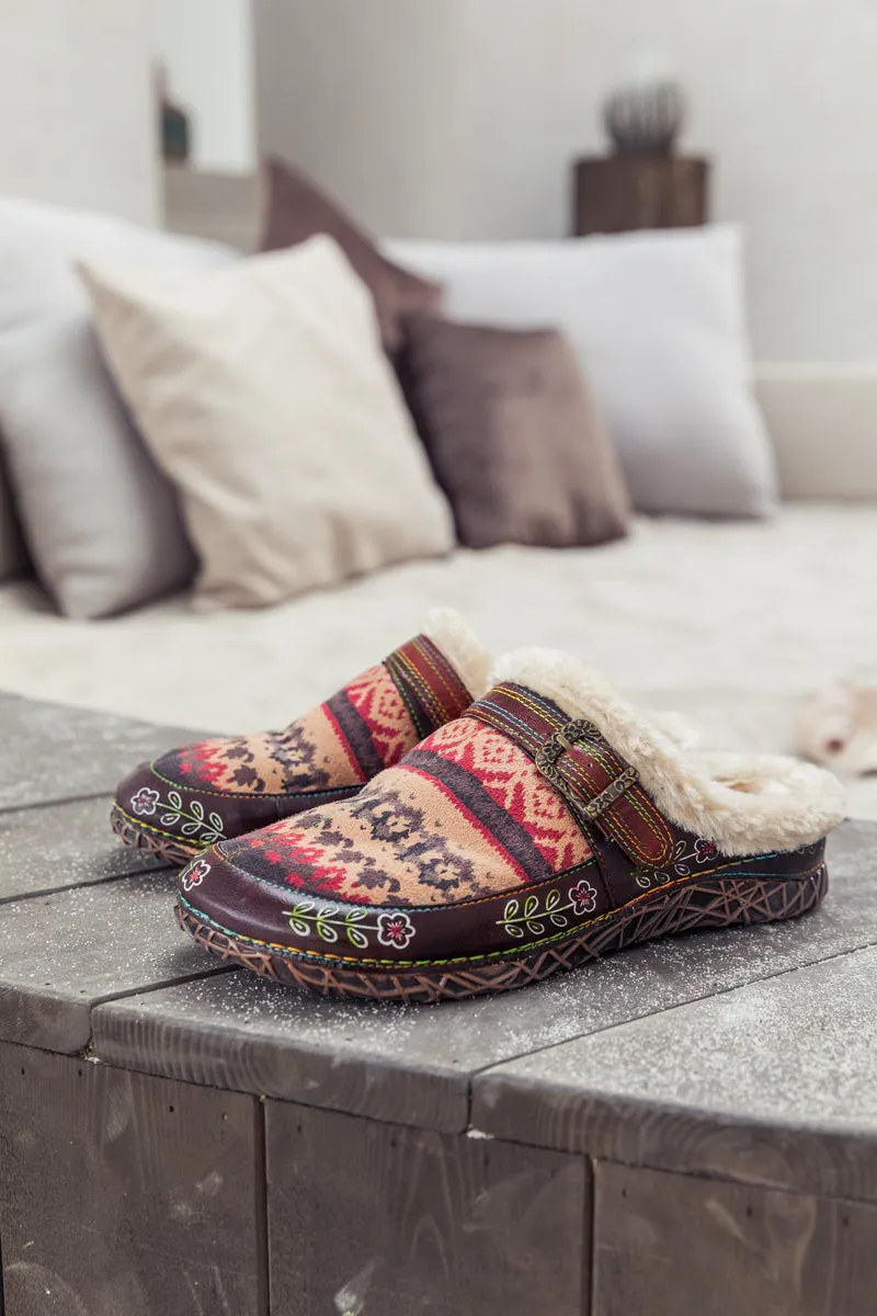 Genuine Leather Geometry Printed Wool Lined Slippers Clogs - Brown