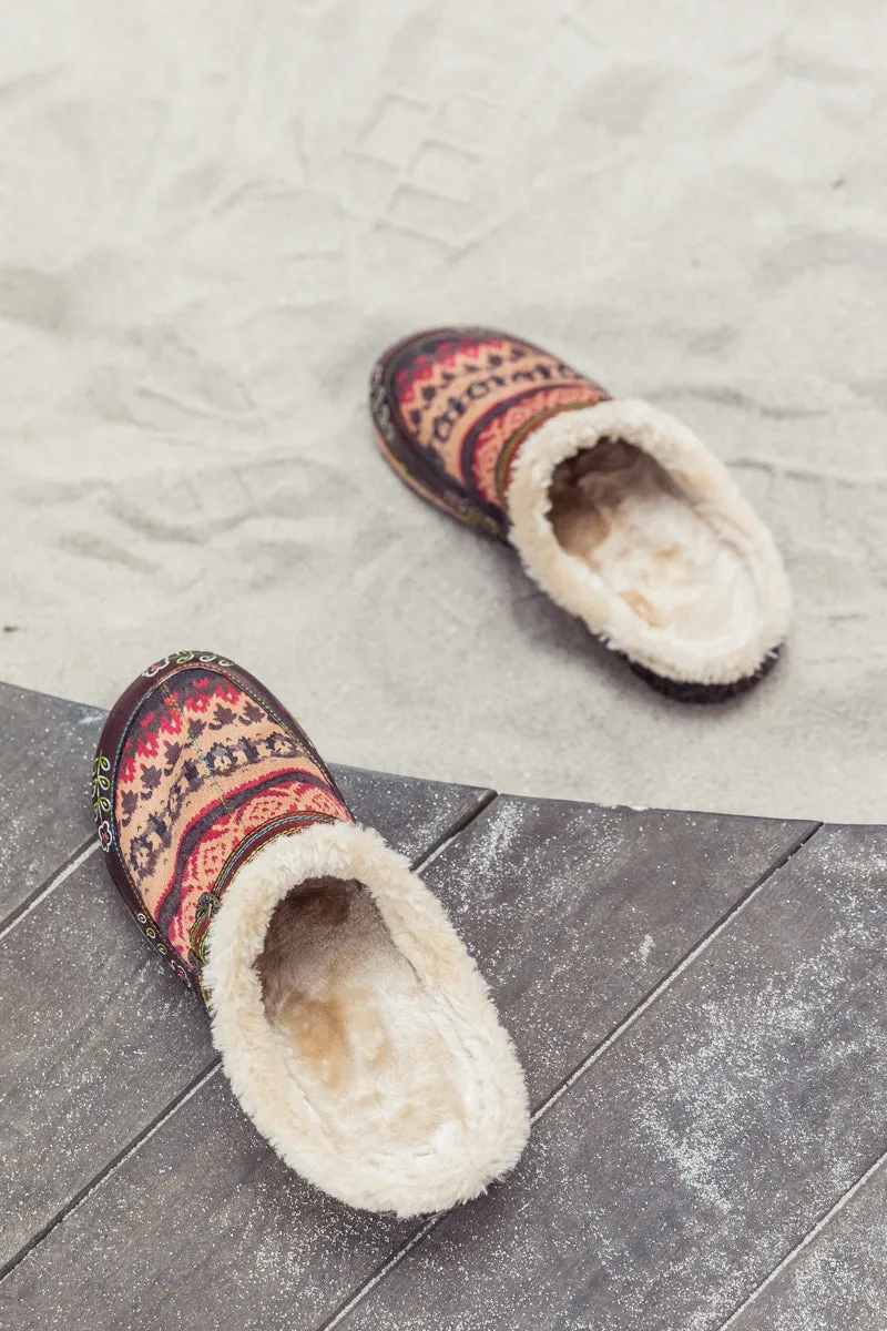 Genuine Leather Geometry Printed Wool Lined Slippers Clogs - Brown