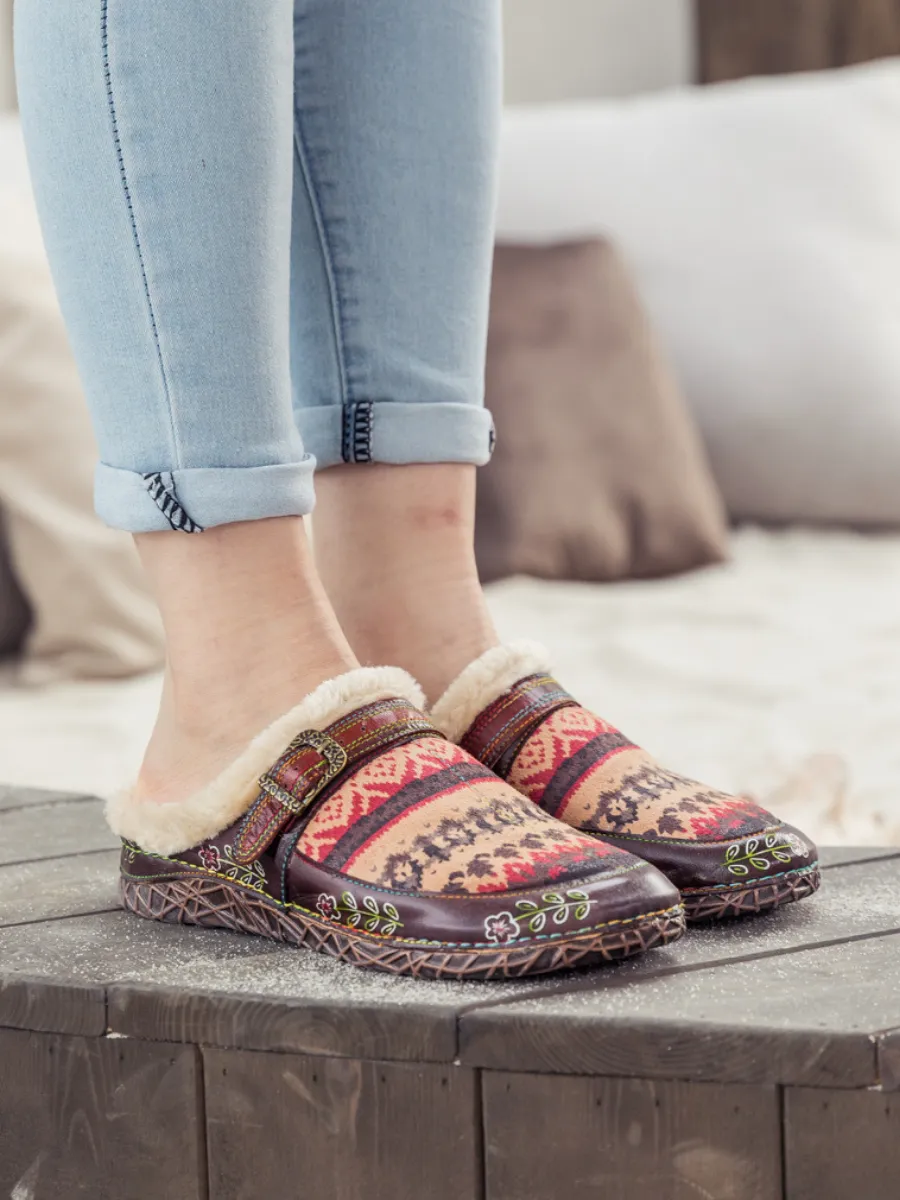 Genuine Leather Geometry Printed Wool Lined Slippers Clogs - Brown