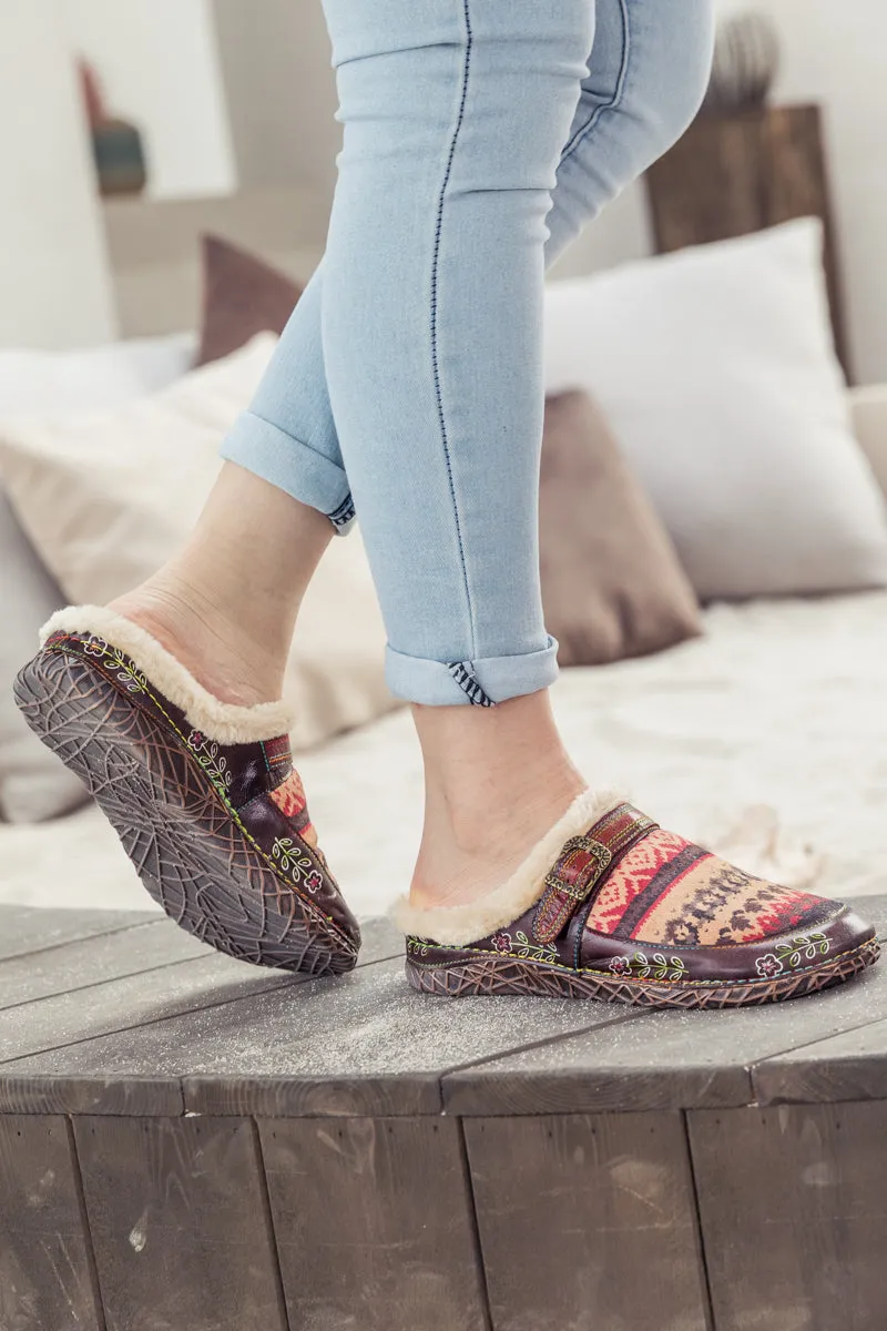 Genuine Leather Geometry Printed Wool Lined Slippers Clogs - Brown