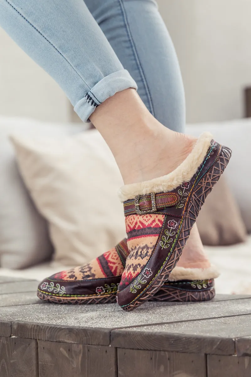 Genuine Leather Geometry Printed Wool Lined Slippers Clogs - Brown