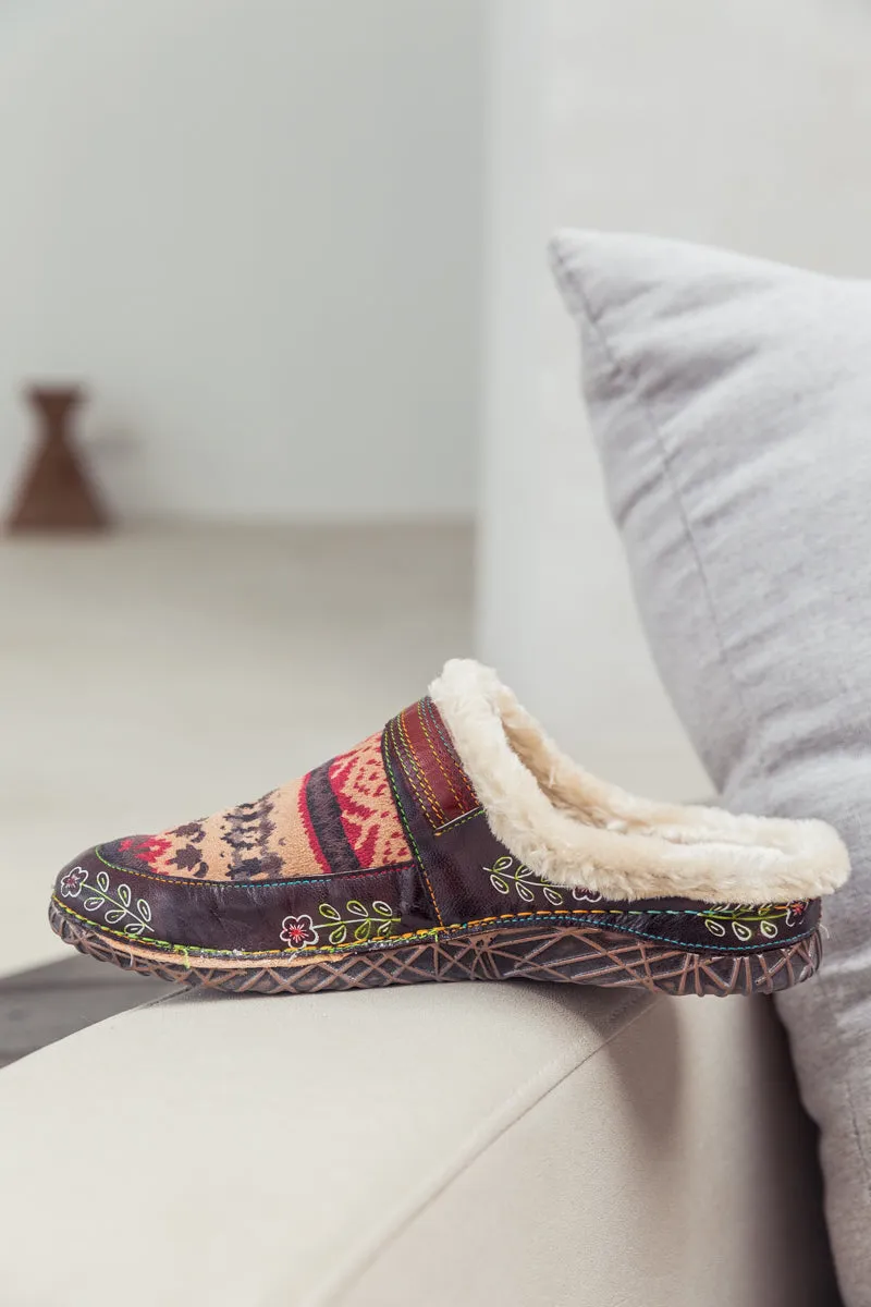 Genuine Leather Geometry Printed Wool Lined Slippers Clogs - Brown