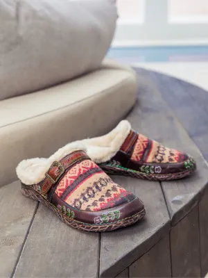 Genuine Leather Geometry Printed Wool Lined Slippers Clogs - Brown