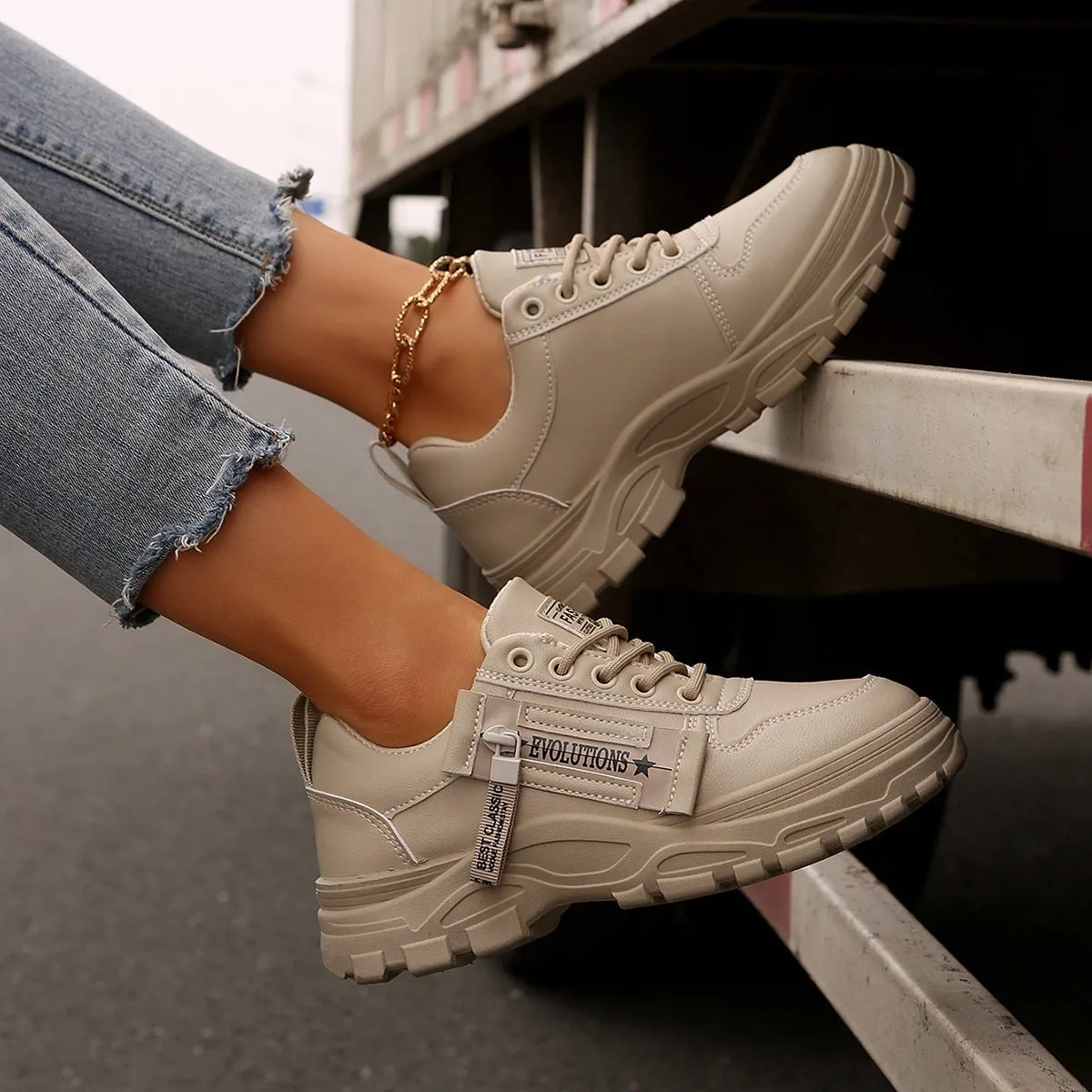 Lace-up Sports Shoes With Side-Zipper Design Fashion