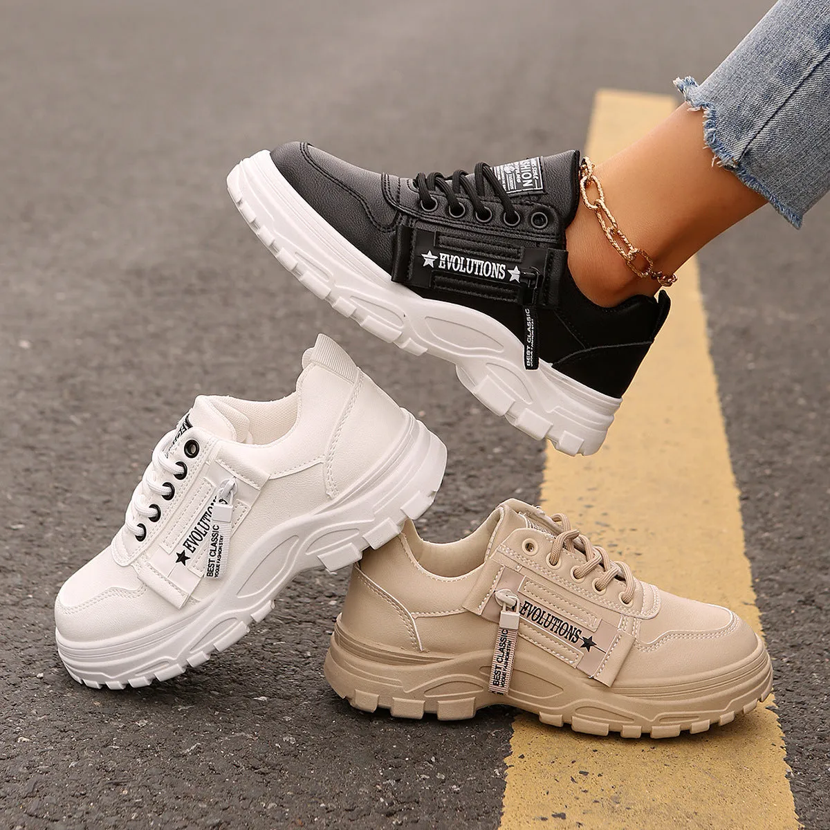 Lace-up Sports Shoes With Side-Zipper Design Fashion