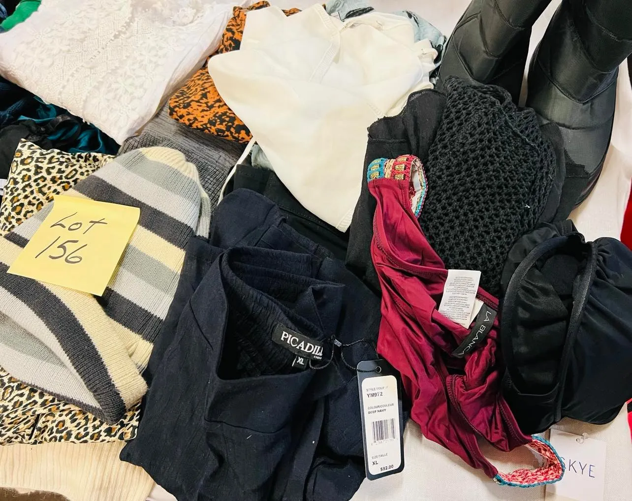 Lot 156- Large Women's Clothing Lot, Mixed New/Returns, Nordstrom/Amazon, Tops, Pants, designer boots, swim, winter boots, 30 Pieces, Retails $600 