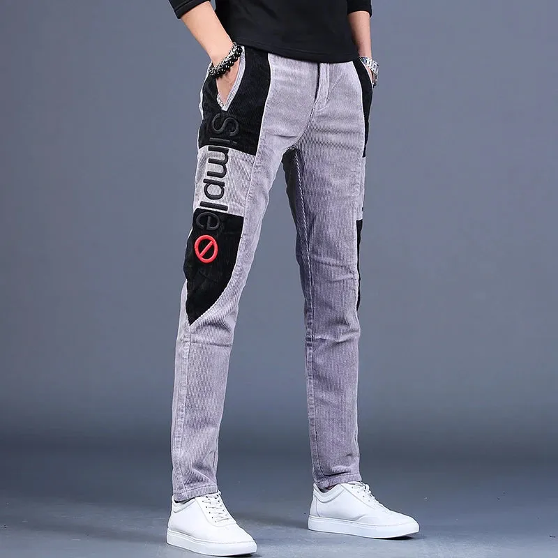 Men's Embroidery Patchwork Corduroy Pants - Autumn Fashion Casual Gray Straight Leg Trousers
