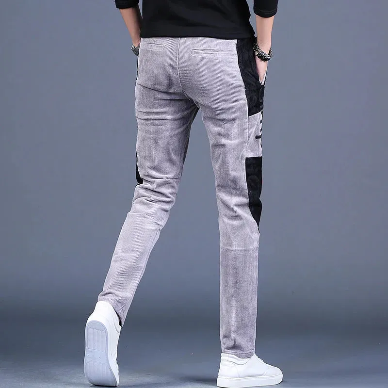 Men's Embroidery Patchwork Corduroy Pants - Autumn Fashion Casual Gray Straight Leg Trousers