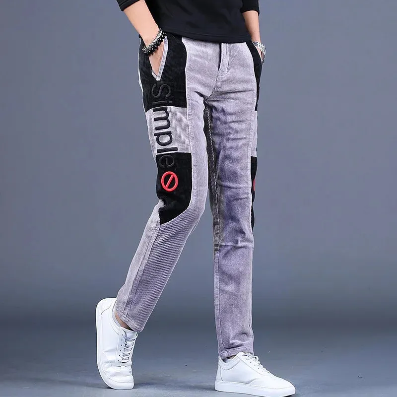 Men's Embroidery Patchwork Corduroy Pants - Autumn Fashion Casual Gray Straight Leg Trousers
