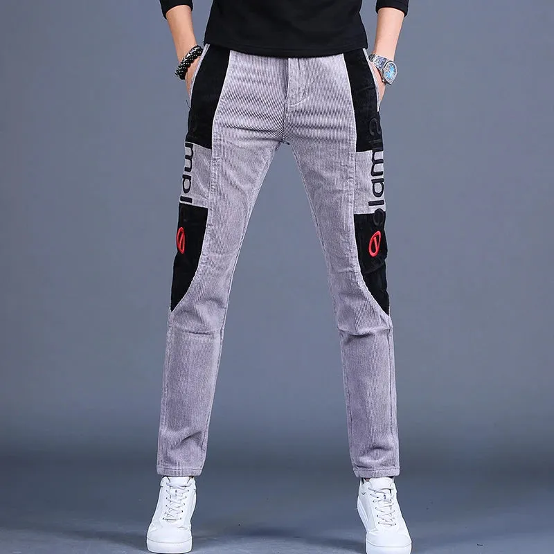 Men's Embroidery Patchwork Corduroy Pants - Autumn Fashion Casual Gray Straight Leg Trousers