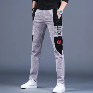 Men's Embroidery Patchwork Corduroy Pants - Autumn Fashion Casual Gray Straight Leg Trousers
