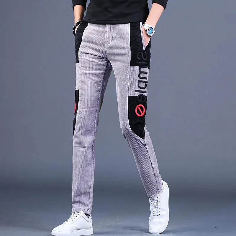 Men's Embroidery Patchwork Corduroy Pants - Autumn Fashion Casual Gray Straight Leg Trousers