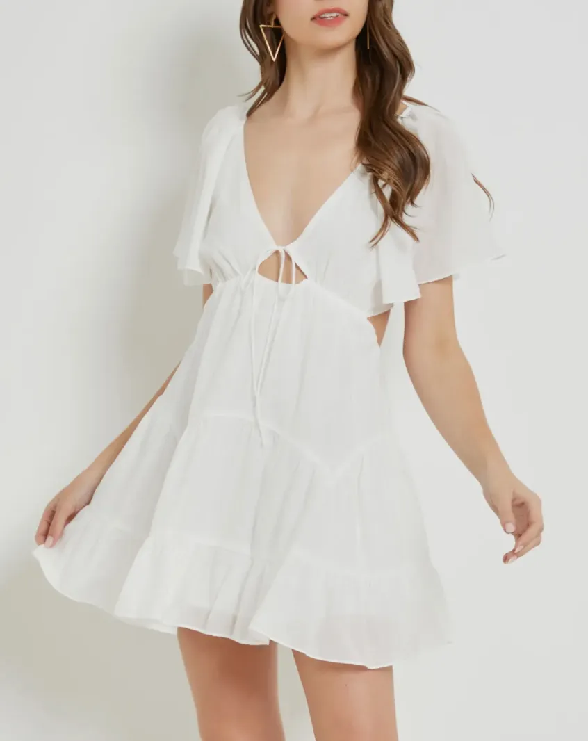 Short Sleeve Tie Front Cut Out Ruffle Dress