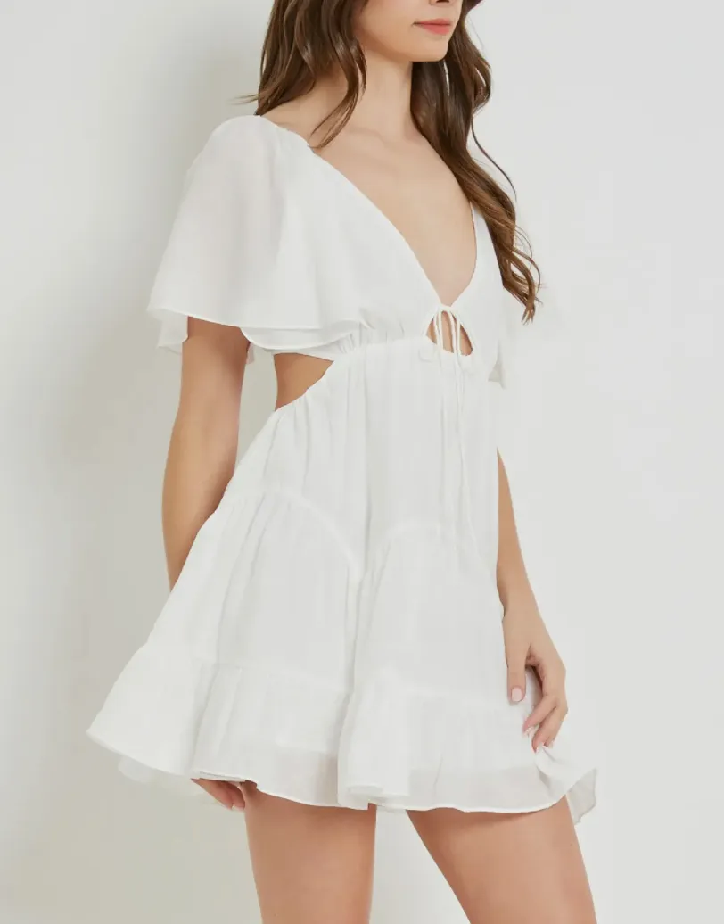Short Sleeve Tie Front Cut Out Ruffle Dress