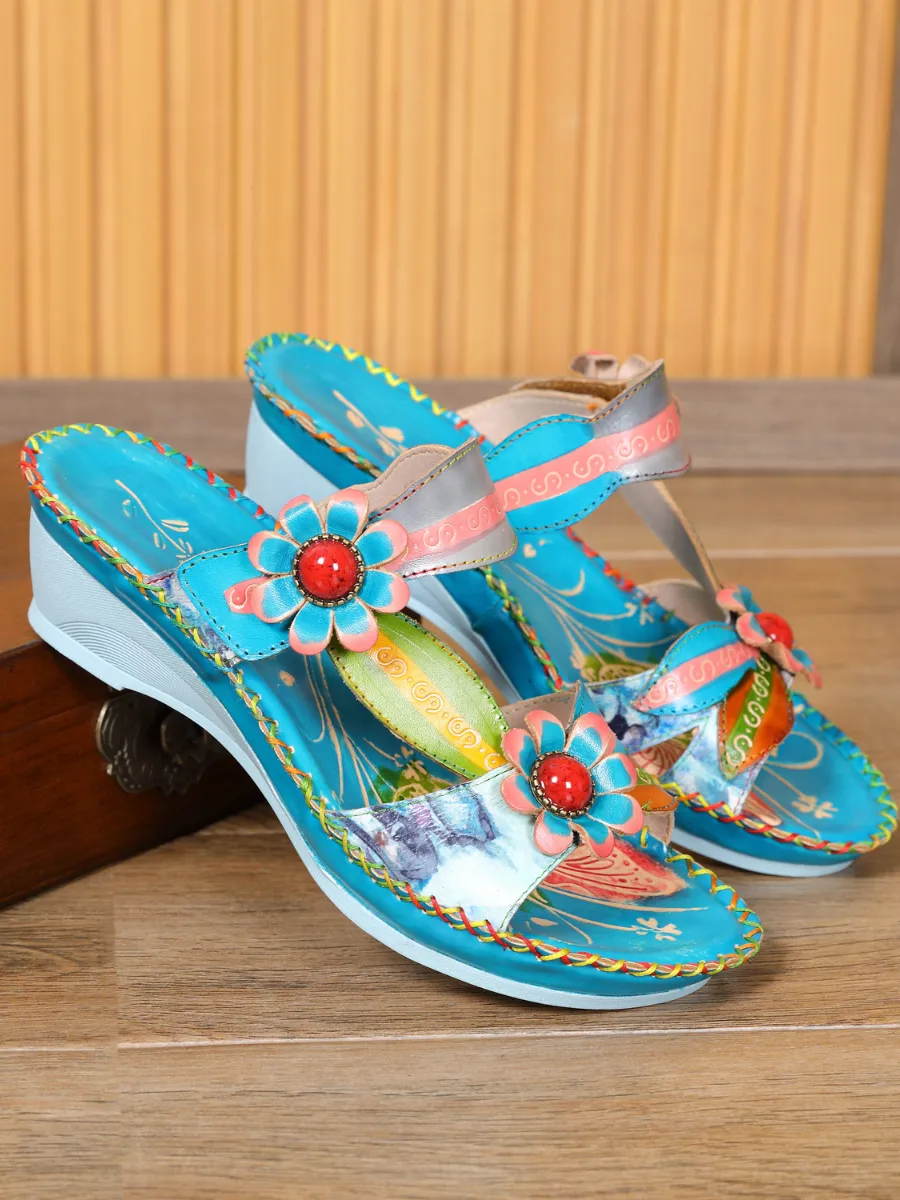 Turquoise Floral Applique Genuine Leather Sandals