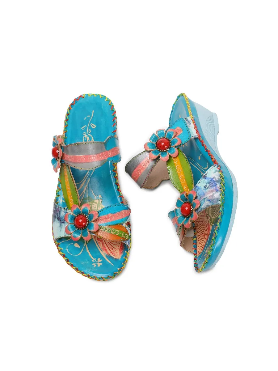 Turquoise Floral Applique Genuine Leather Sandals