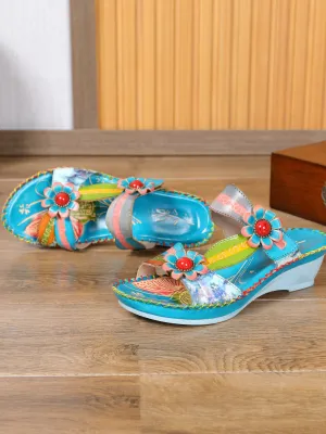 Turquoise Floral Applique Genuine Leather Sandals