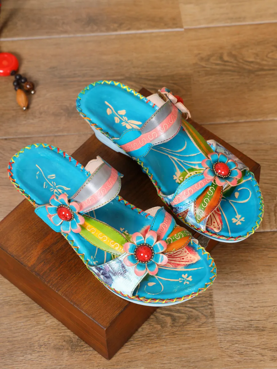 Turquoise Floral Applique Genuine Leather Sandals