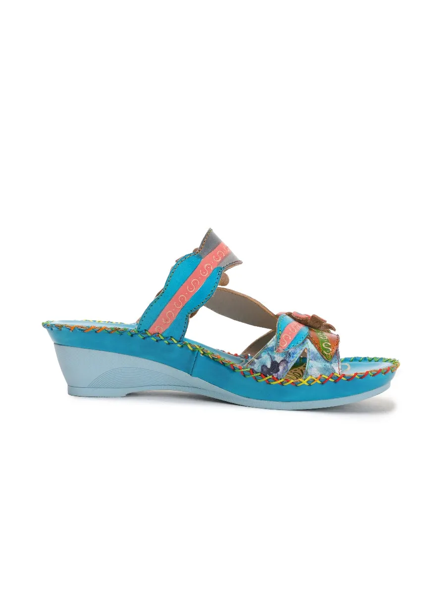 Turquoise Floral Applique Genuine Leather Sandals