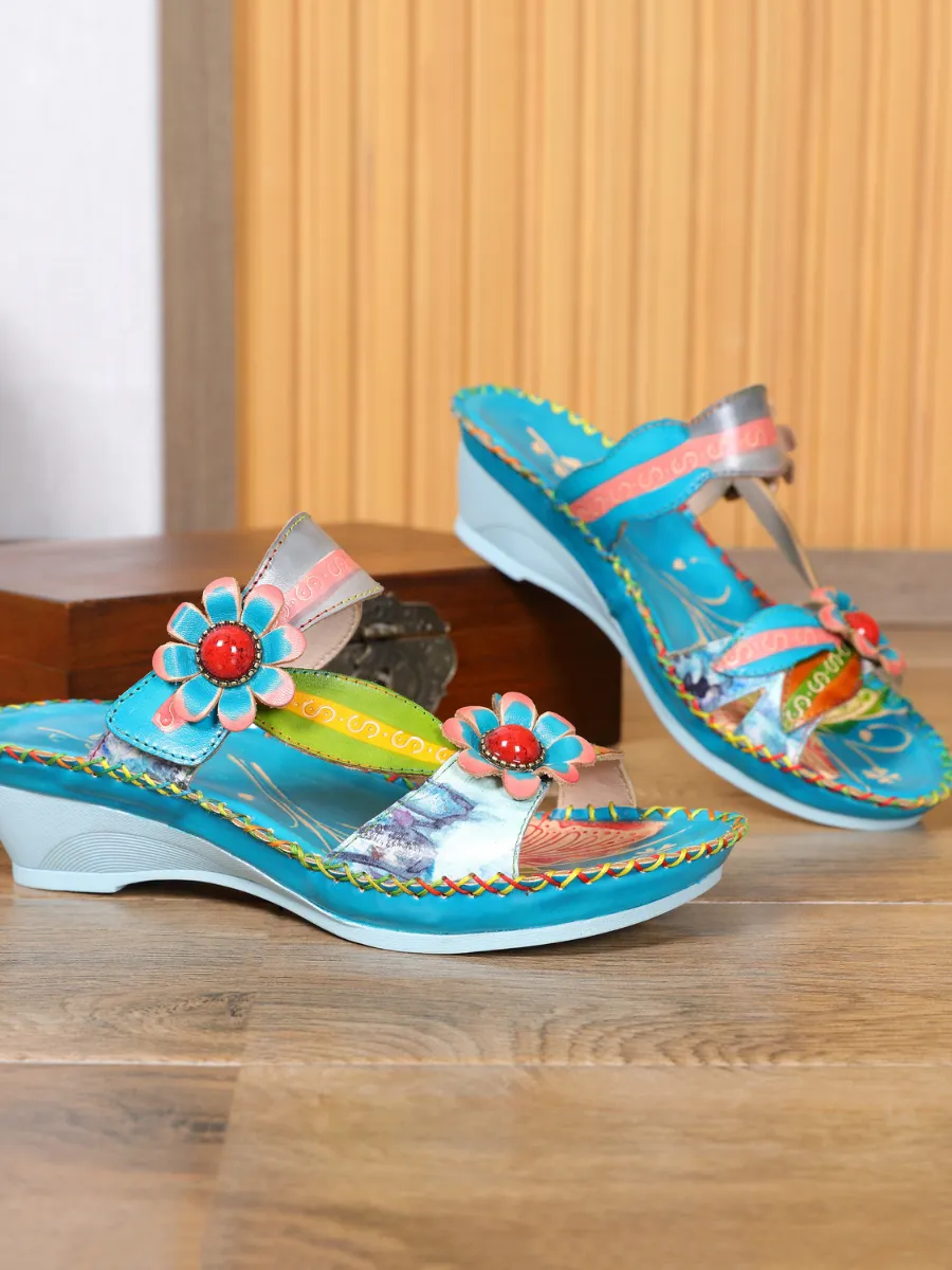 Turquoise Floral Applique Genuine Leather Sandals