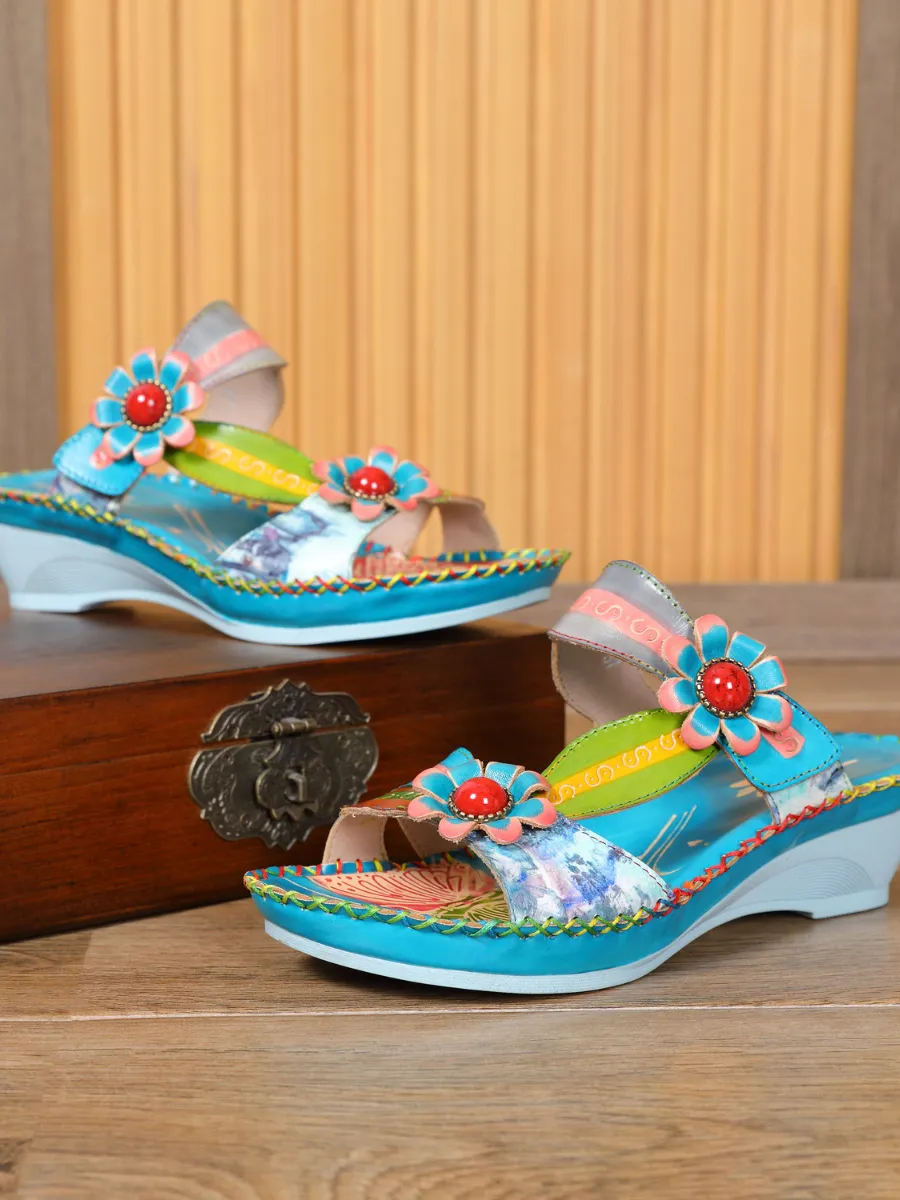 Turquoise Floral Applique Genuine Leather Sandals