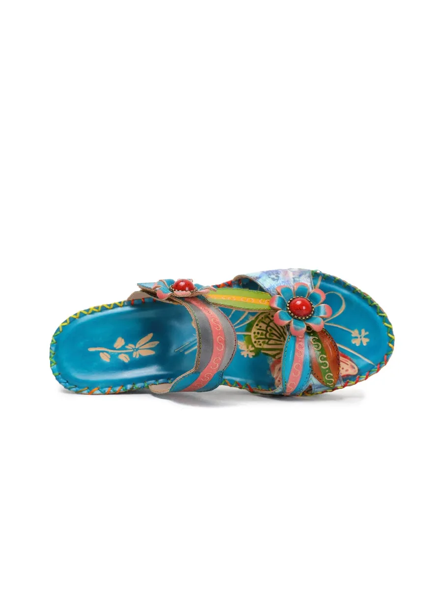 Turquoise Floral Applique Genuine Leather Sandals