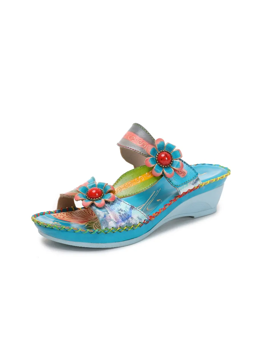 Turquoise Floral Applique Genuine Leather Sandals