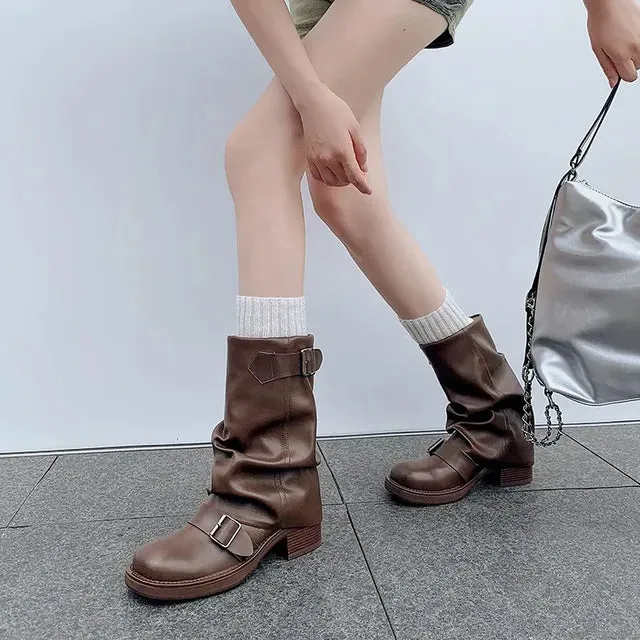 Upper Belted Closure Leather Mid Calf Boots