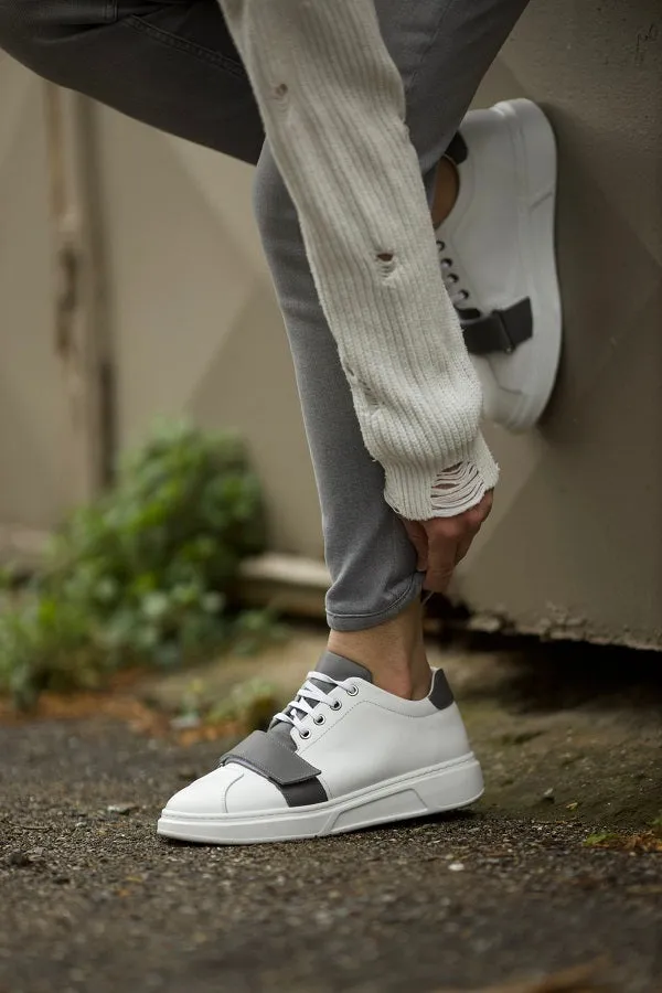 White and Grey Leather Low Top Lace Up Sneakers with White Sole - Sneaker Shoes